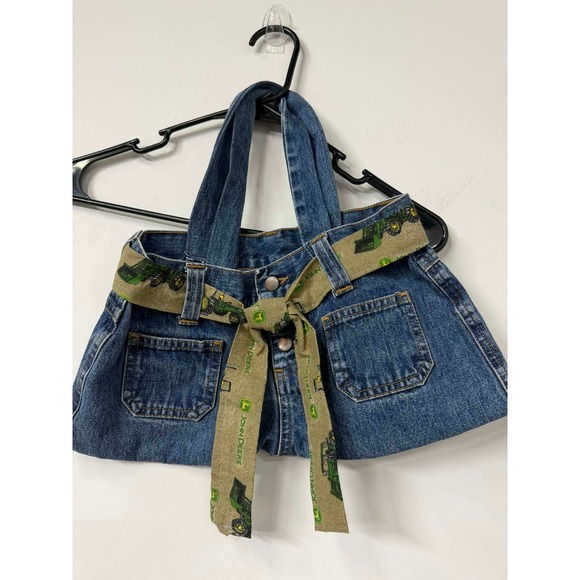Handmade Handbags - Handmade Upcycled Denim Tote Bag John Deere Tractor Ribbon Belt Blue Jeans Purse
